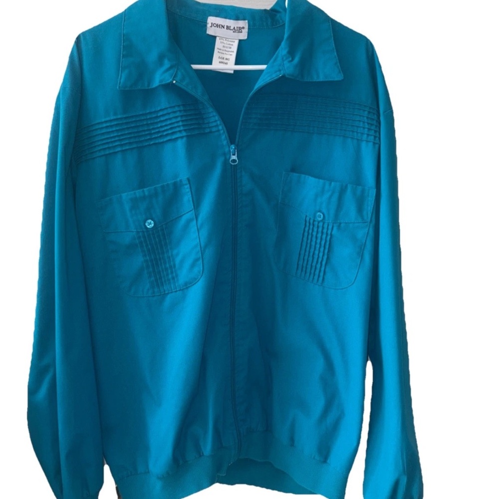 Vtg 1980s-90s John Blair Jacket Shirt Banded Waist Full Zip Teal Blue LARGE Y2K